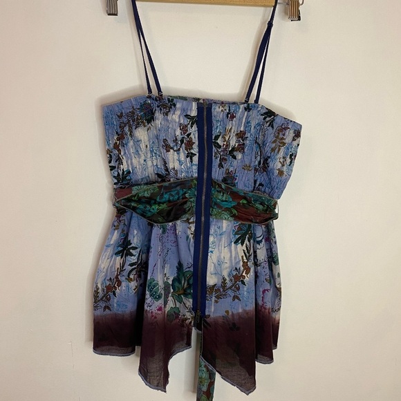 Free People Y2K Silk Smocked Butterfly Handkerchief Hem Tropical Top - Picture 4 of 9